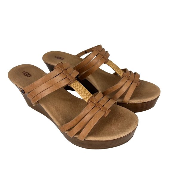 UGG Mattie Womens Platform Wedge Strappy Sandals Tan Brown Leather size 10 - Picture 1 of 16